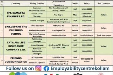 കൊല്ലം എംപ്ലോയബിലിറ്റി സെന്റർ വഴി തൊഴിലവസരം | Kollam Employability Centre Jobs